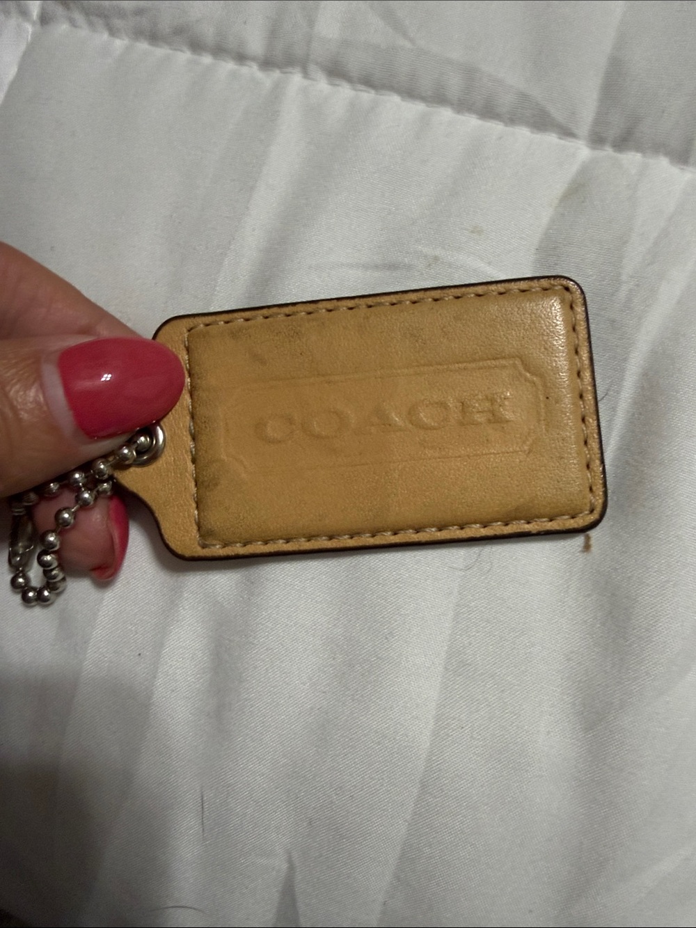 Coach Tan Leather Bag charm/Key Tag with Ball Chain Attachment